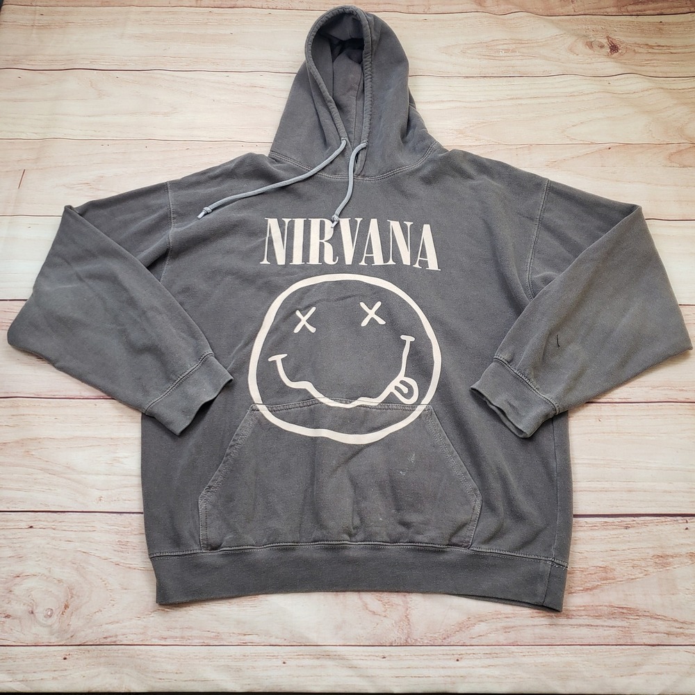 Nirvana Sweater Mens Medium Gray Smiley Kurt Cobain Hoodie Grunge Rock Band